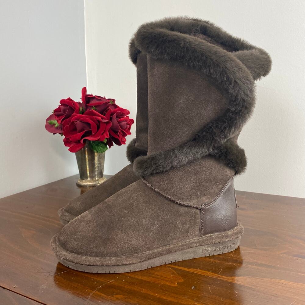 Bearpaw Sheilah Boots Brown Suede Faux Fur Trim Size 6 Women's Winter